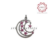 925 Starling Silver Moon With Star Handmade Pave Diamond With Ruby Stone Pendant - Gender: Women