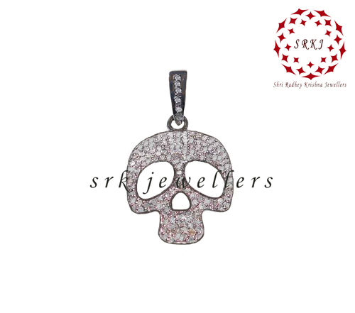925 Starling Silver Small Skull Style Handmade Pave Diamond Fancy Pendant