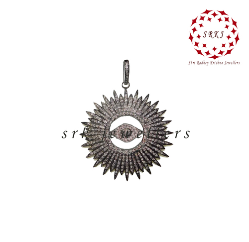 925 Sterling Silver Handmade Pave Diamond Evil Eye With Sunburst Pendant - 54x22 mm, 0.48 cts Diamond Weight, Elegant Design, Rhodium Finish