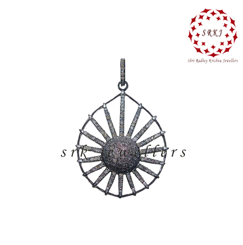 925 Starling Silver Handmade Natural Pave Diamond Sunburst Style Pendant - Gender: Women