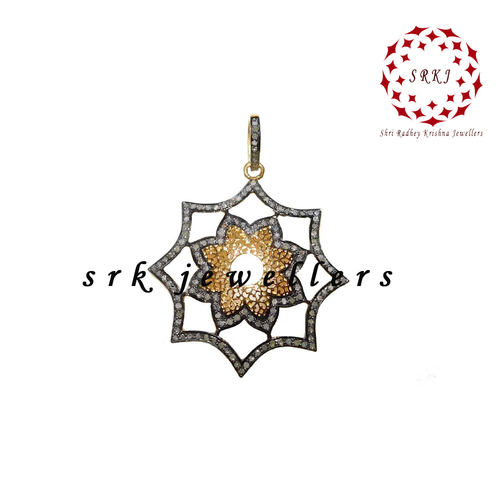 925 Starling Silver Handmade Pave Diamond Two Tone Flower Style Pendant - Gender: Men