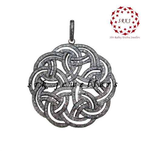 925 Starling Silver Handmade Pave Diamond Round Black Flower Style Pendant - Gender: Men