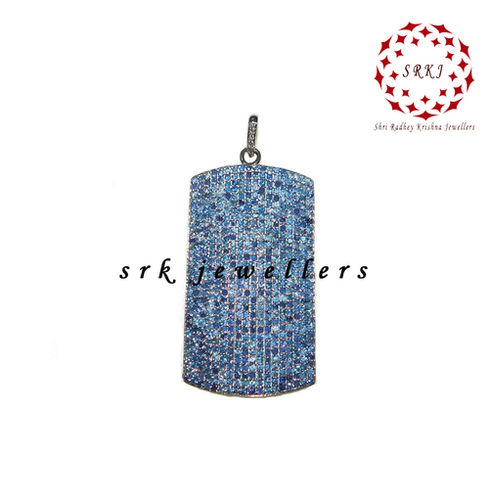 925 Starling Silver Handmade Blue Sapphire Tag Style Pave Diamond Pendant
