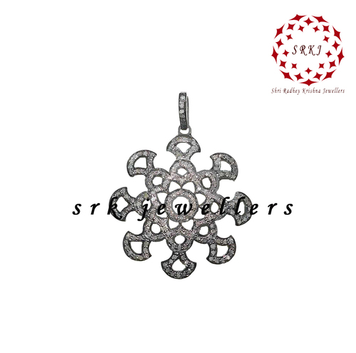 925 Starling Silver Handmade Pave Diamond Unique Black Flower Style Pendant