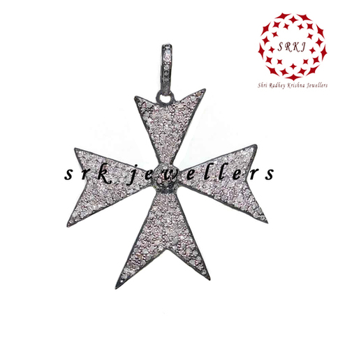 925 Starling Silver Handmade Pave Diamond Flower Style Cross Pendant