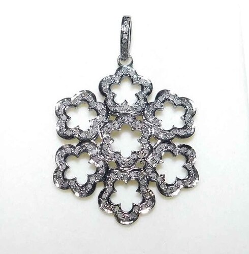 925 Starling Silver Flower Style Handmade Pave Diamond Fancy Pendant