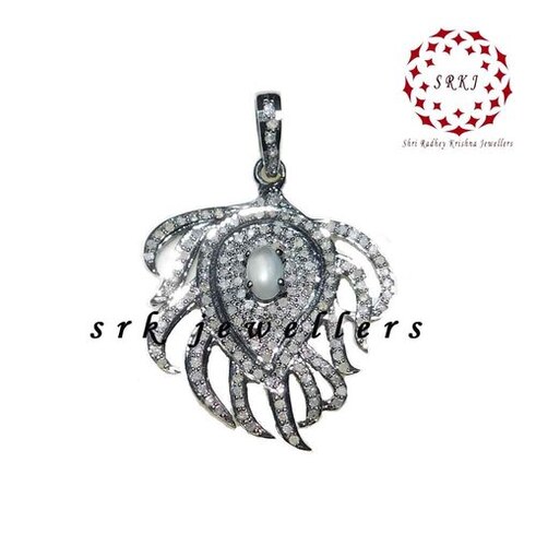 925 Starling Silver Handmade Feather Style Pave Diamond Fancy Pendant