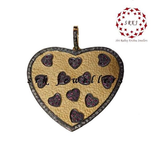 925 Starling Silver Handmade Heart Style Two Tone Pave Diamond With Ruby Stone  Pendant