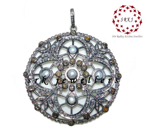 925 Starling Silver Handmade Unique Pave Diamond Round Flower Style Pendant - Gender: Women