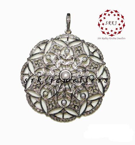 925 Starling Silver Handmade Round Fancy Flower Pave Diamond Pendant