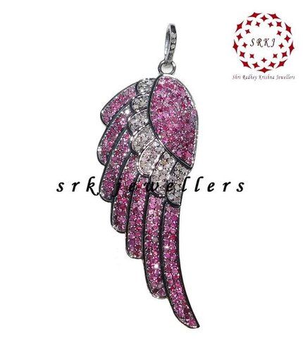 925 Starling Silver Handmade Pave Diamond With Ruby Stone Feather Pendant