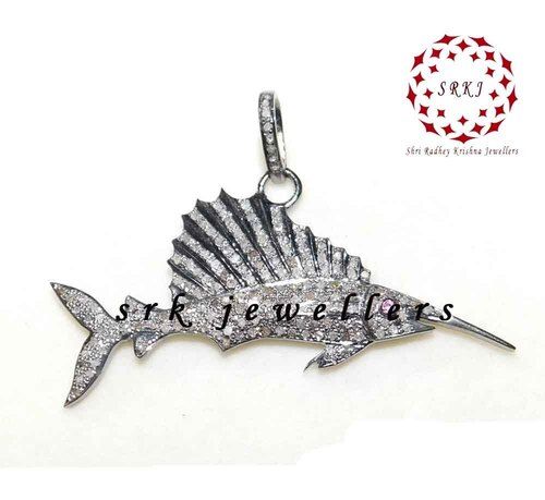 925 Starling Silver Handmade Fish Stylish Pave Diamond Pendant