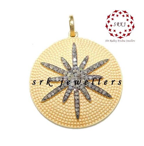 925 Starling Silver Handmade Two Tone Round Sunburst Style Pave Diamond Pendant