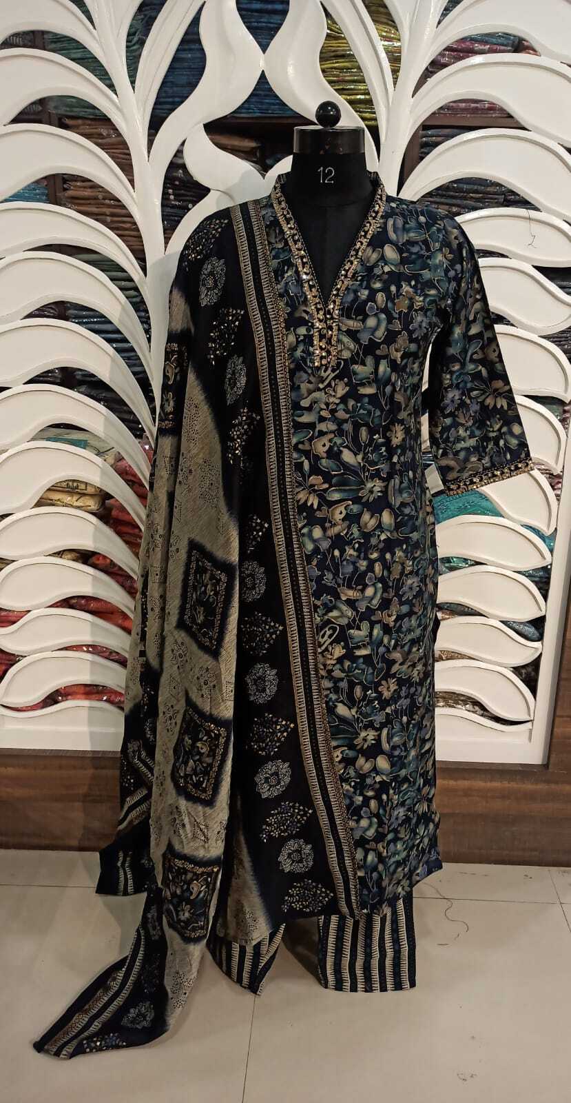 Floral Straight Kurta Trousers And Dupatta Set