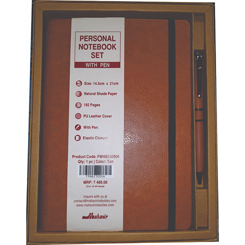 Mahavir Personal Notebook Set with Pen (Tan) - 80gsm Acid-Free Natural Shade Paper, A5 Size (21 x 14.5 cm), High-Quality Italian PU Leather Cover, Elastic Band Closure with Boxed Pen