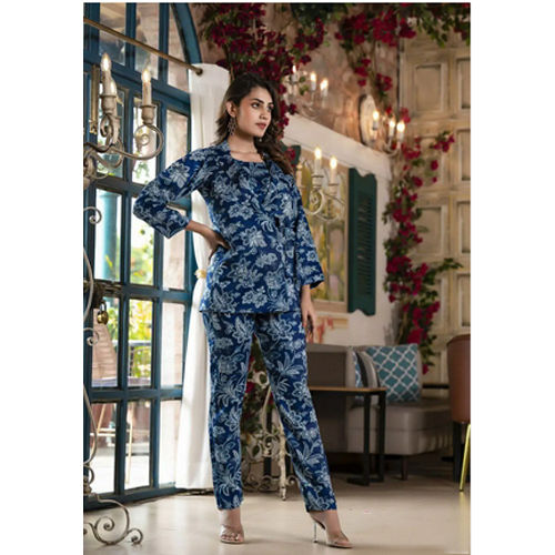 Multicolor Casual Wear Blue Silk Printed Top And Pant Twopiece Coord Set