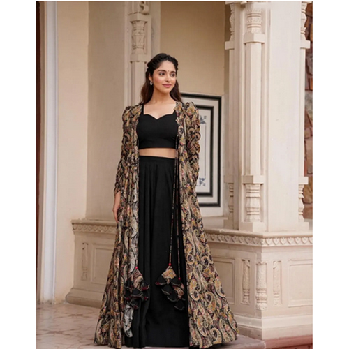 Jet Black Attractive Partywear Crop Top And Skirt Set