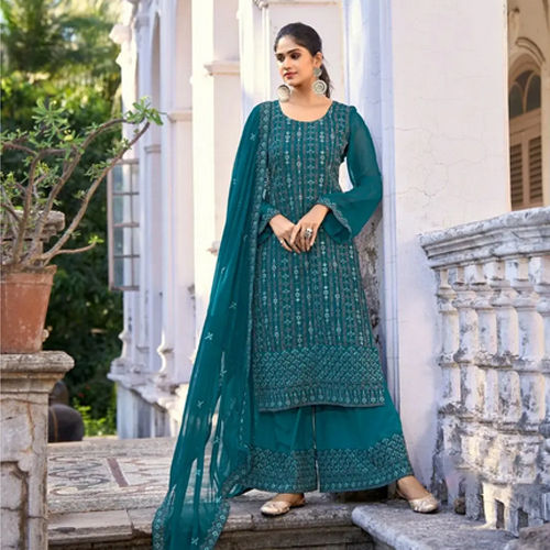 Indian Teal Glory Silk Palazzo Suit