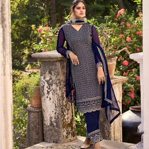 Blue Party Wear Silk Palazzo Suit