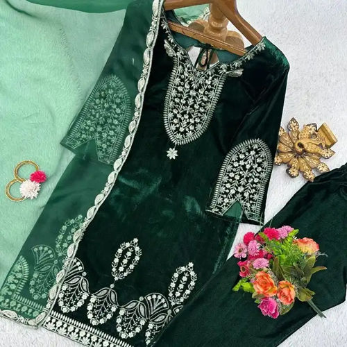 No Fade Green Floral Embroidered Pakistani Suit