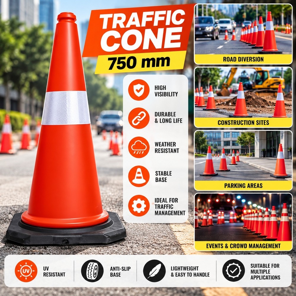 Traffic Cones - Plastic, 750mm Size, Red Color | Road Safety, Parking Safety, Manual Usage, 1.2 Kilograms Weight
