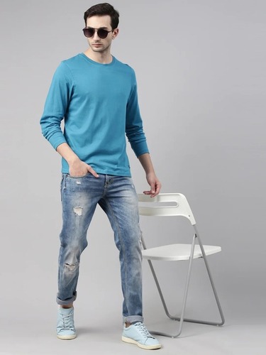 Teal Blue Solid Full Sleeves T-Shirt