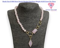 Natural Rose Quartz And Pink Chalcedony Gemstone Beaded Necklace - Gold Plated, 18 + 1.5 Inch Length, Roundel Shape, 8 Mm Size, Handmade Design
