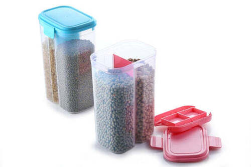 PLASTIC 2 SECTIONS AIR TIGHT TRANSPARENT FOOD GRAIN  (2147)