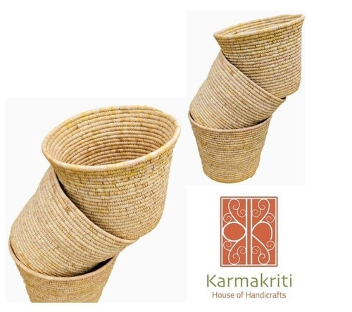 Round Handcrafted Sabai Grass Storage Basket - Color: Brown