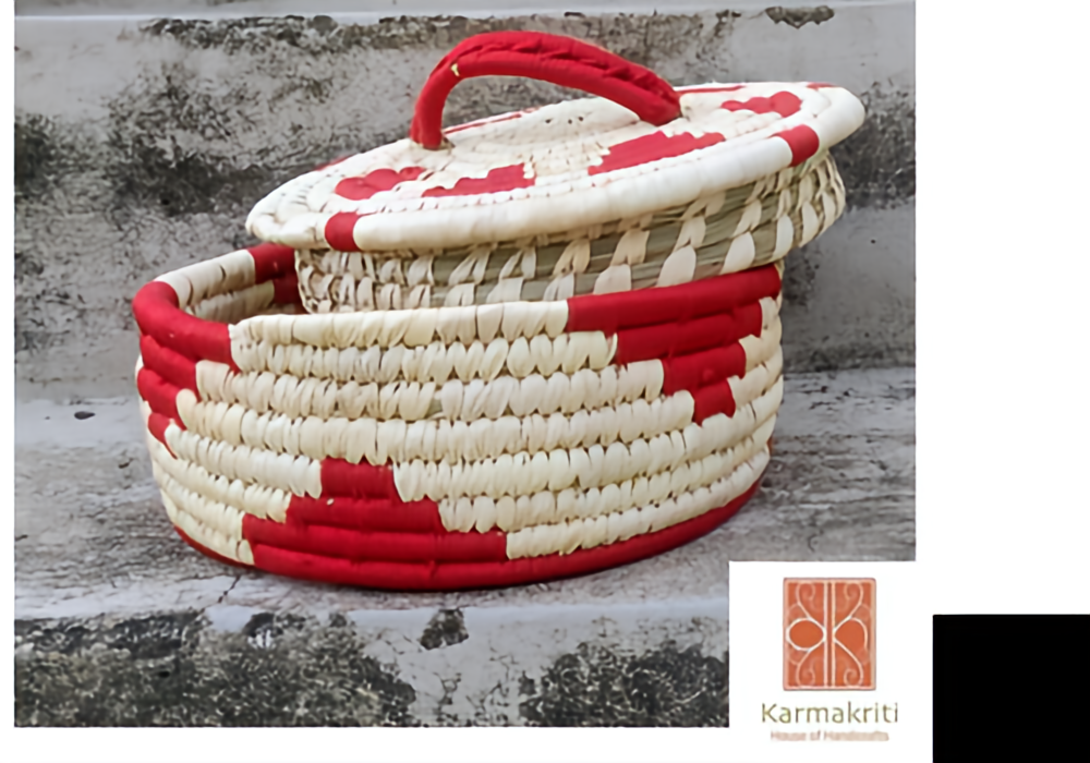 Designer Sabai Gift Basket | Handmade Sabai Grass Casserole 8*3 Inches - Color: Red & Cream