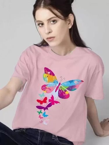 Women Printed Round Neck Polyester Pink T-Shirt