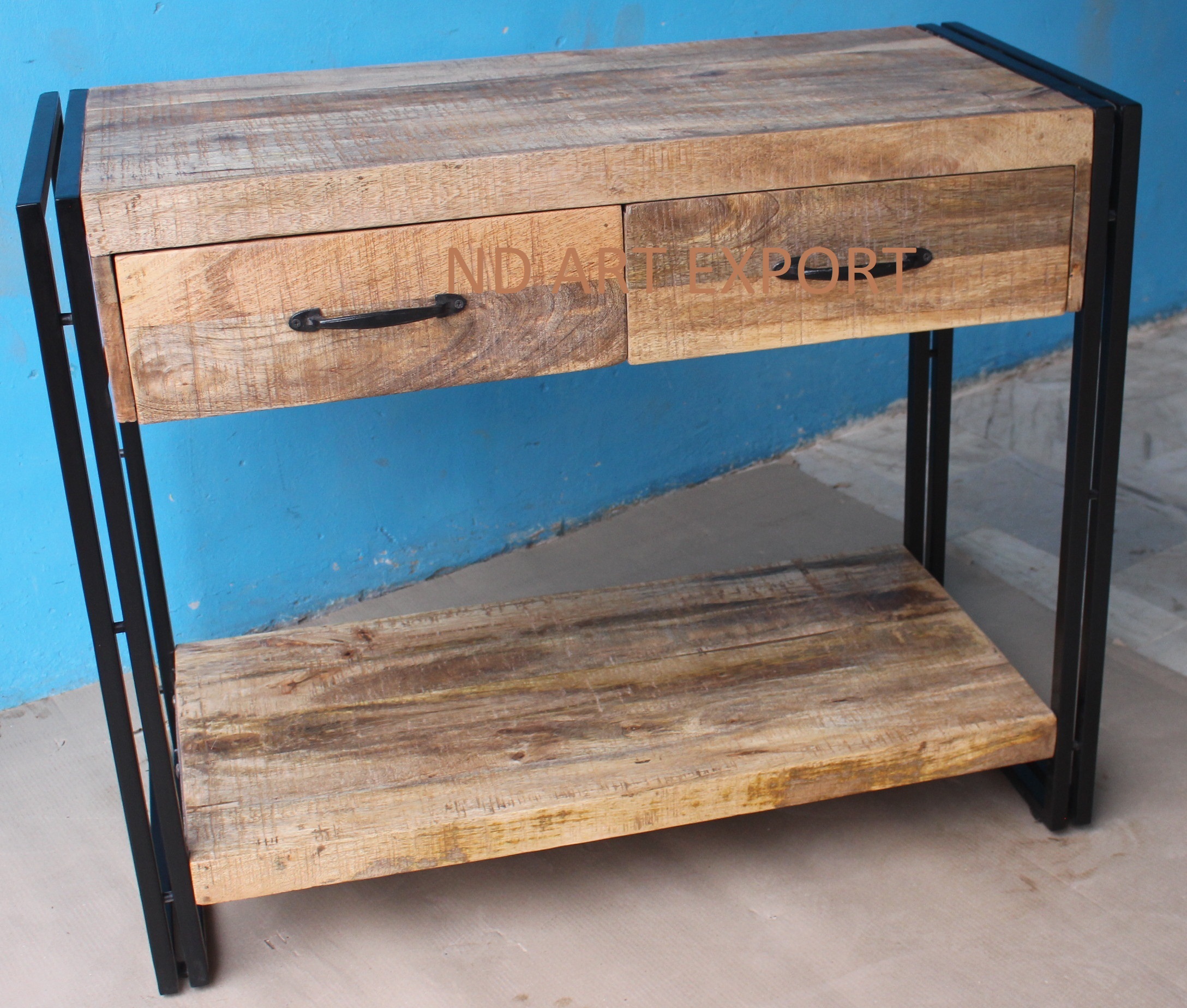 Console In Double Pipe Frame In MS Iron With Rough Solid Mango Wood