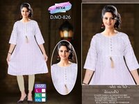 Ladies Kurtis (D No : 826) - XL Rayon Umbrella Alia Cut & Neck Work , White Printed Casual & Daily Wear, Plus Size, Trendy, Washable, Suitable for All Seasons