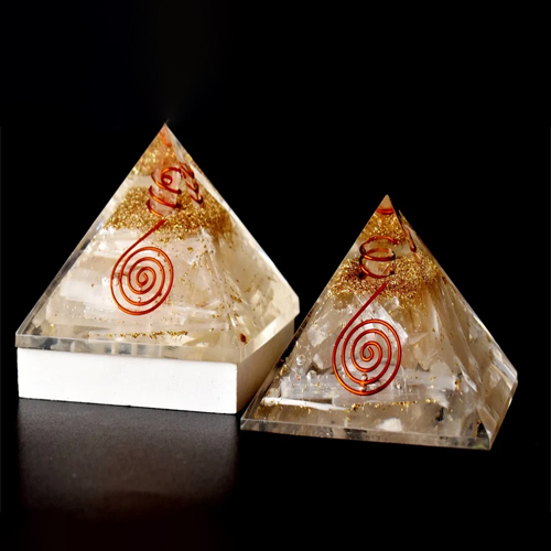 Selenite Orgone pyramid with Clear Quartz Crystal Pencil