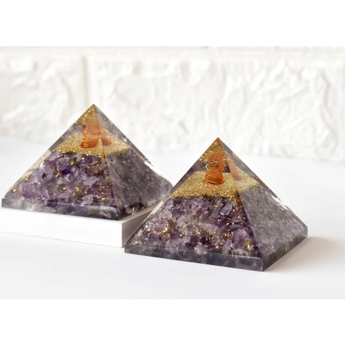 Amethyst Orgone pyramid With Clear Quartz Crystal Pencil