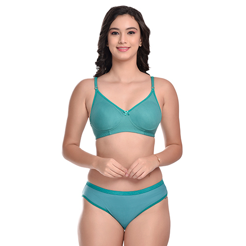Cotton Blend Green Non Padded Bra And Panty Set