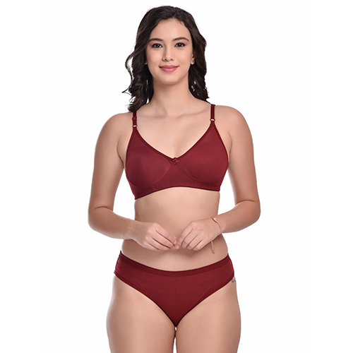 Cotton Blend Maroon Non Padded Bra And Panty Set