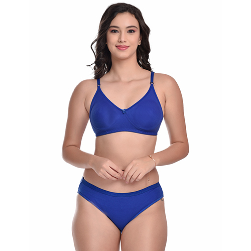 Ladies Cotton Blend Royal Blue Non Padded Bra And Panty Set