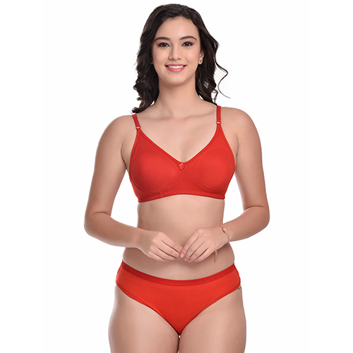 Ladies Cotton Blend Red Non Padded Bra And Panty Set