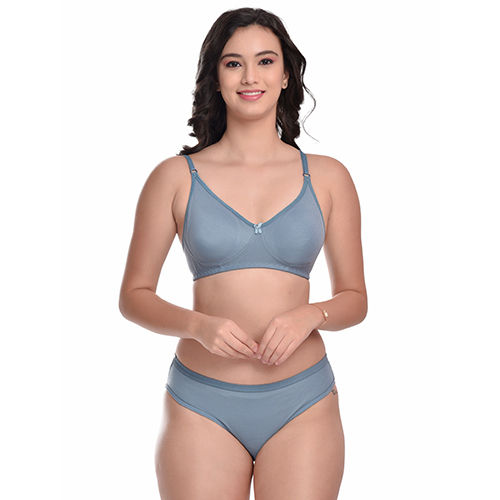 Ladies Cotton Blend English Grey Non Padded Bra And Panty Set