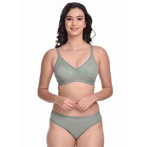 Ladies Cotton Blend English Green Non Padded Bra And Panty Set