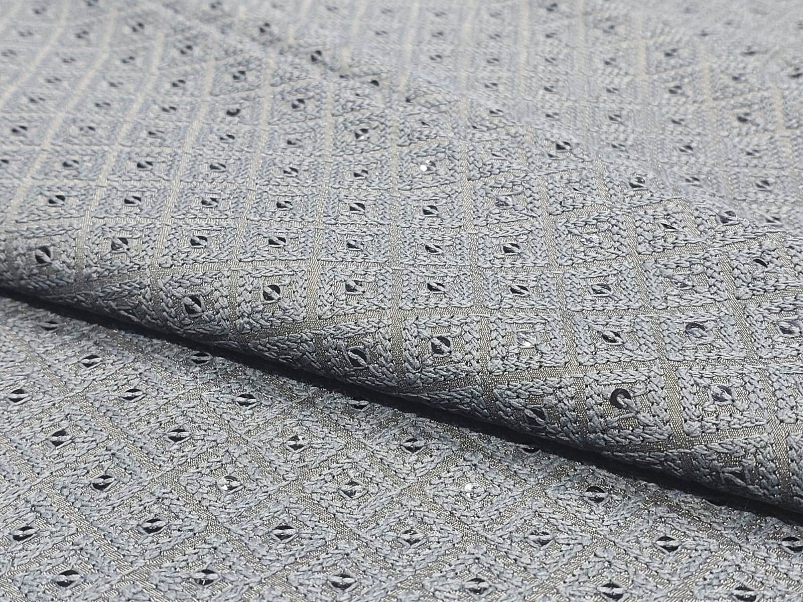 Grey Schiffli Poly Linen Fabric for menswear Kurta