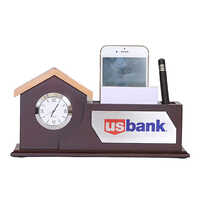 Desktop With Watch, Mobile Stand, Memo Pad And Pen - High Quality Wooden, Standard Size, Brown Color | Customizable Logo, Polished Finish, Manual Operation