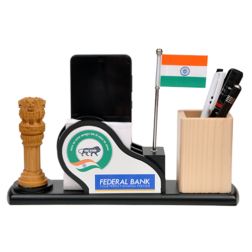 Desktop With Ashoka Pillar, Flag, Mobile Stand, Memo Pad And Pen