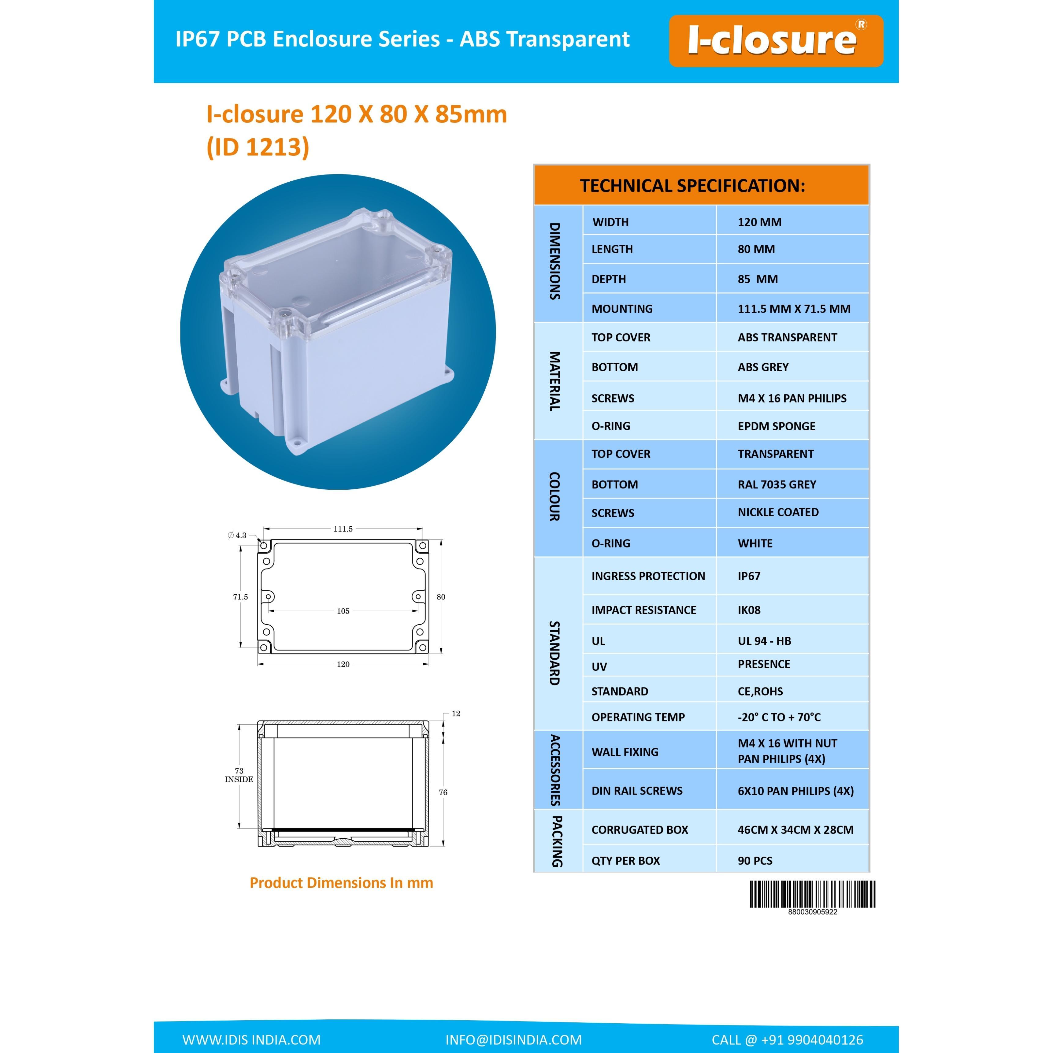 ABS Enclosure 120 x 80 x 85 mm Clear IP67