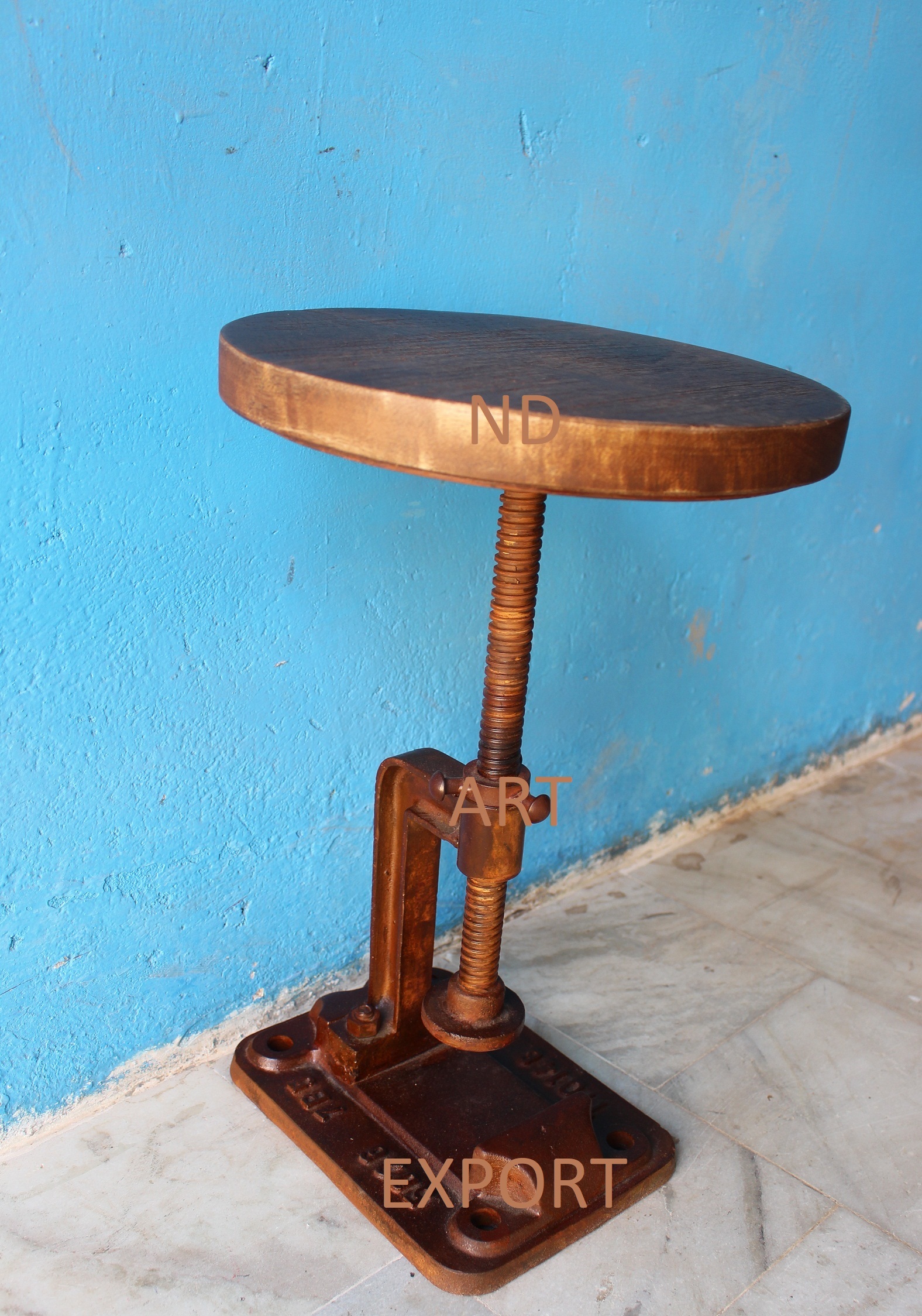 Cast Iron Adjustable Rustic Iron Stool With Solid Wooden Top