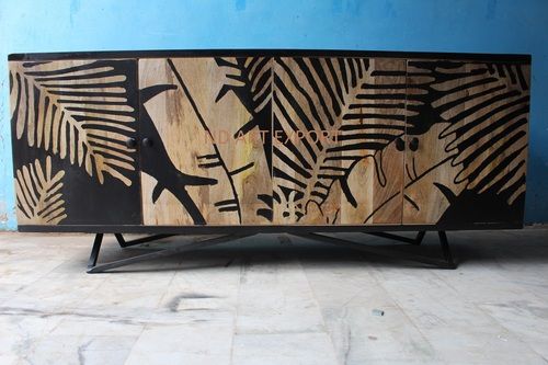 Modern Solid Mango Wood Sideboard With Hand Painting On Door