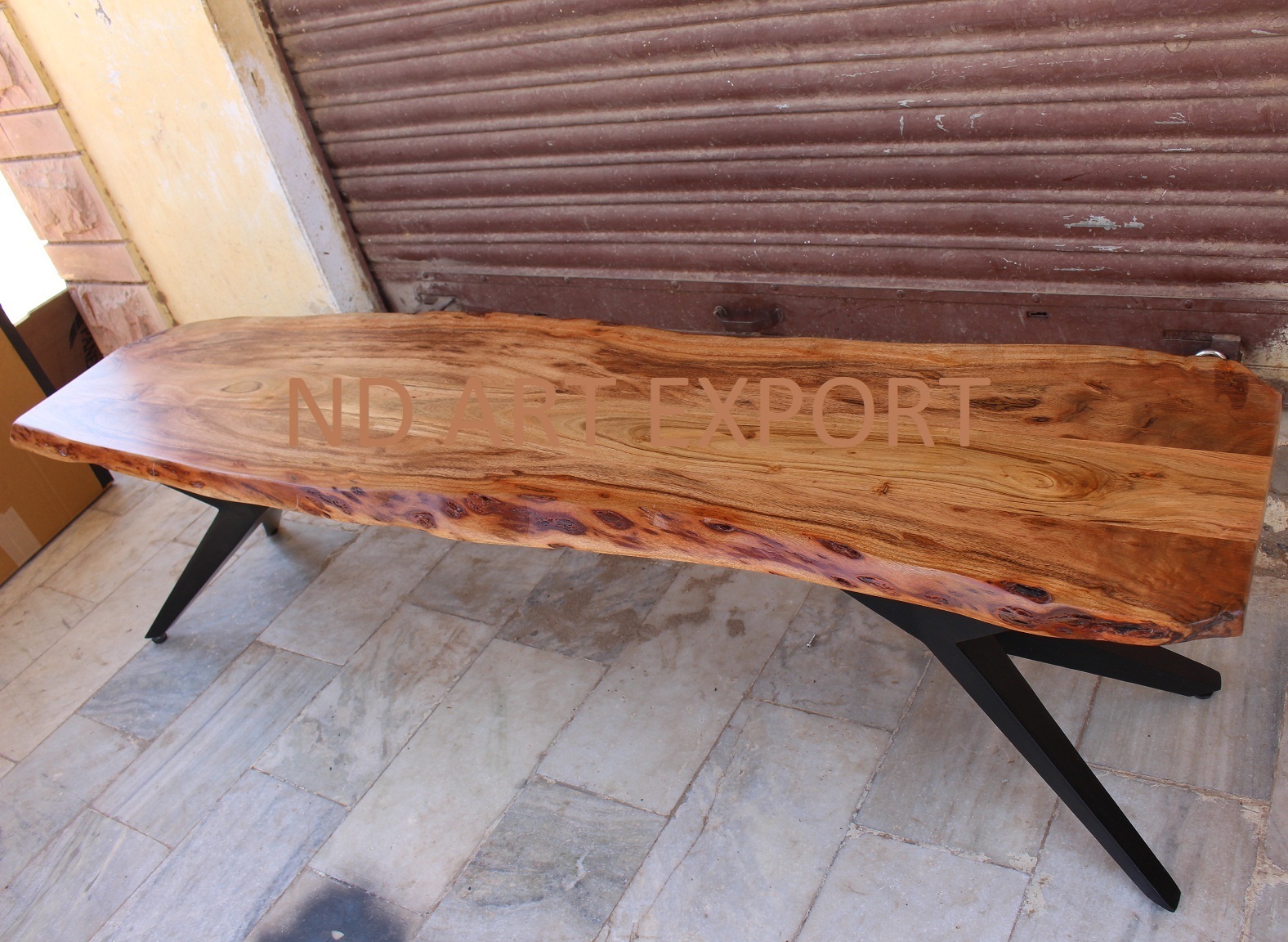 Bench With Live Edge Acacia Wood And Designer MS Iron Legs