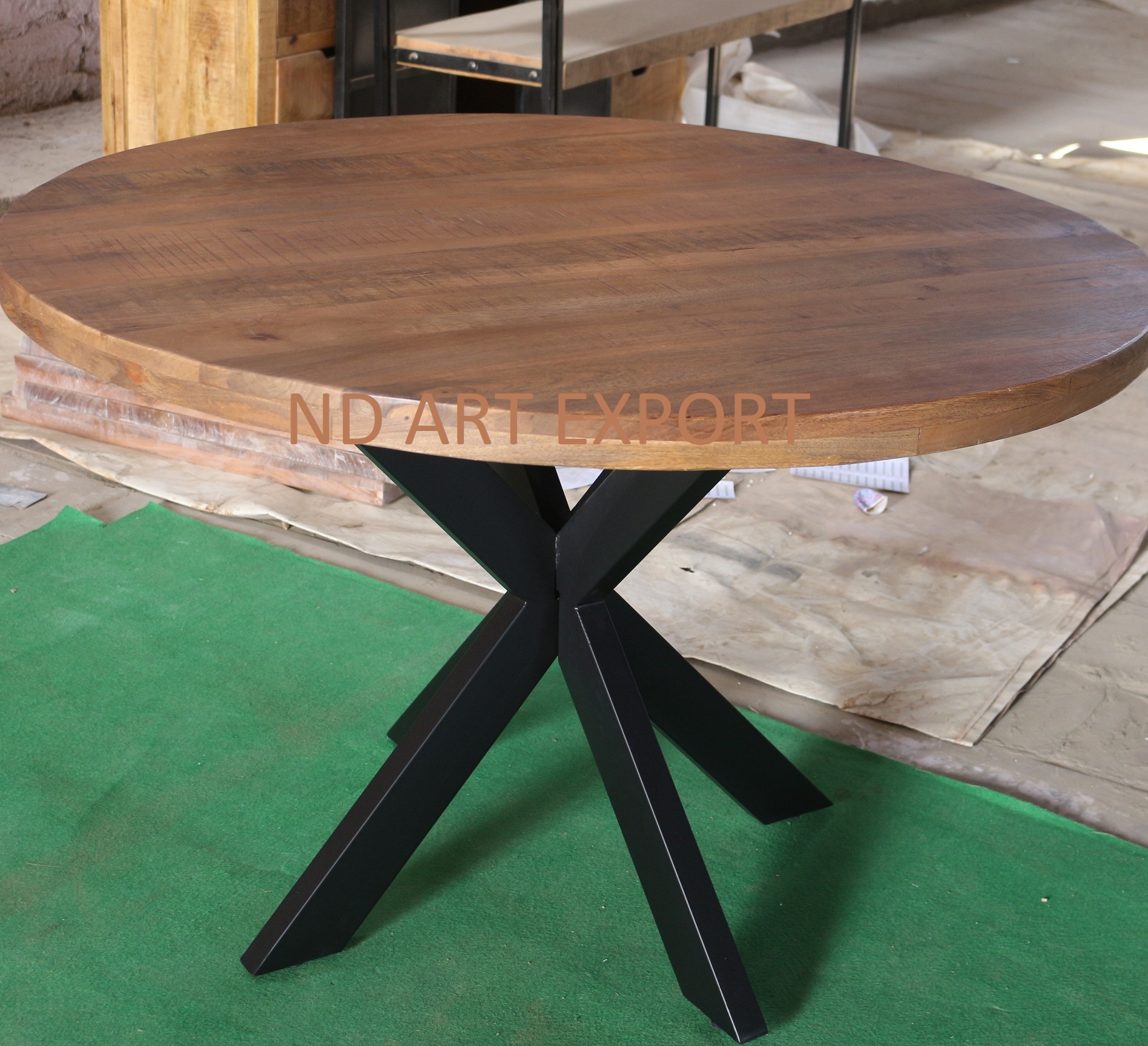 Solid Mango Wood Round Top With Cross MS Iron Legs Dining Table