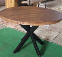 Solid Mango Wood Round Top With Cross MS Iron Legs Dining Table